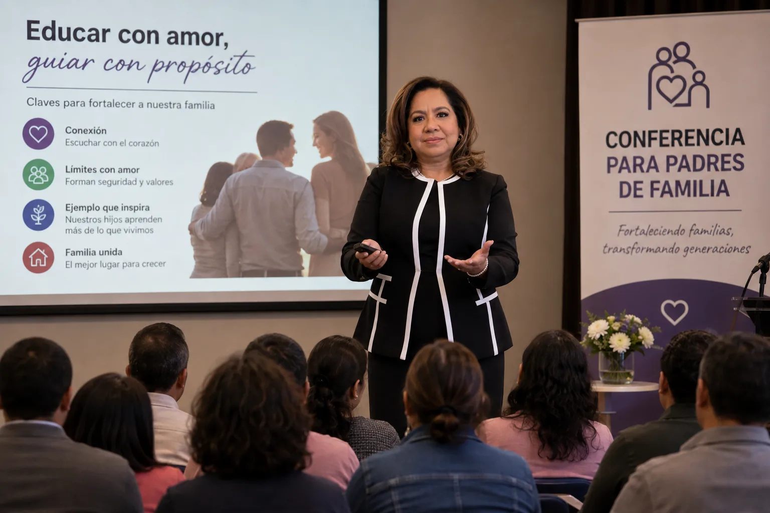 Johana Jimenez leading an EJAD parents conference in front of an audience